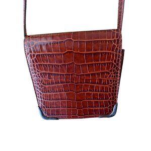 Ralph Lauren Womens Brown Croc Embossed Leather Bag Sterling  Silver Hardware